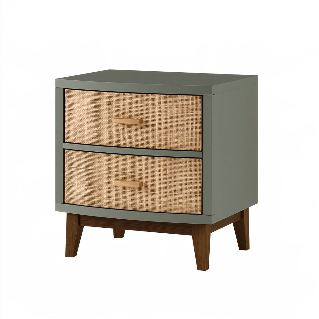 Nachttisch 50 x 40 x 60 cm aus Holz und Rattan in Olivgrün Naturbraun mit 2 Schubladen