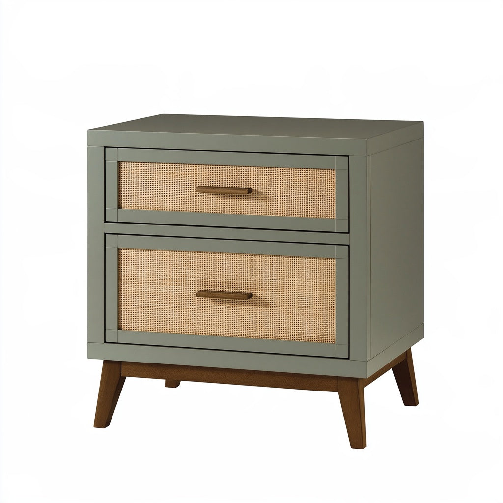 Nachttisch 60 x 40 x 65 cm aus Holz in Olivgrün mit Rattanfront im Retro-Stil
