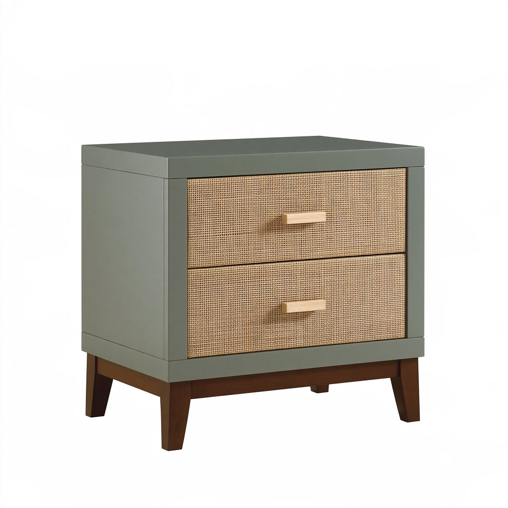 Nachttisch 50 x 40 x 60 cm aus Holzwerkstoff mit Rattangeflecht in Graugrün im Retro-Stil