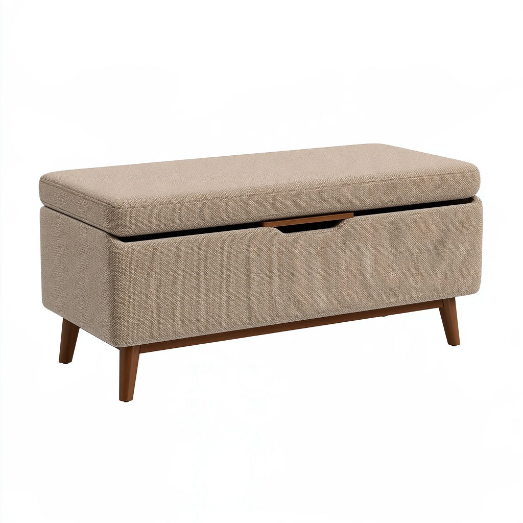 Aufbewahrungsbank 100 x 45 x 48 cm Beige Textil mit Holzfüßen - gepolsterte Sitzbank mit Stauraum