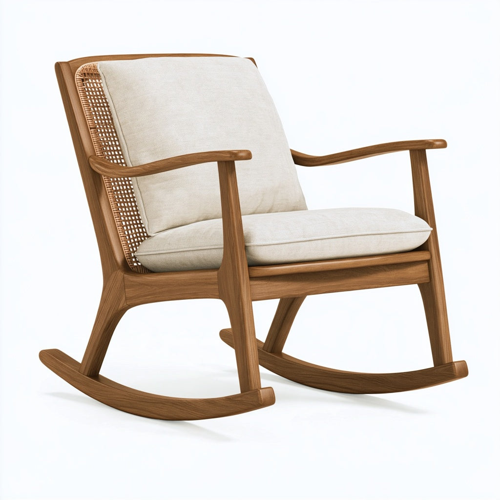 Schaukelstuhl 95 x 70 x 100 cm aus Holz und Rattan in Braun Beige mit Polsterung