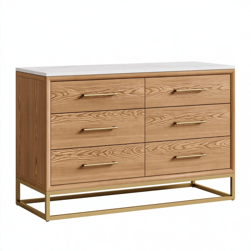 Kommode 150 x 45 x 90 cm Holzoptik mit 6 Schubladen Marmoroptik und Metallgestell