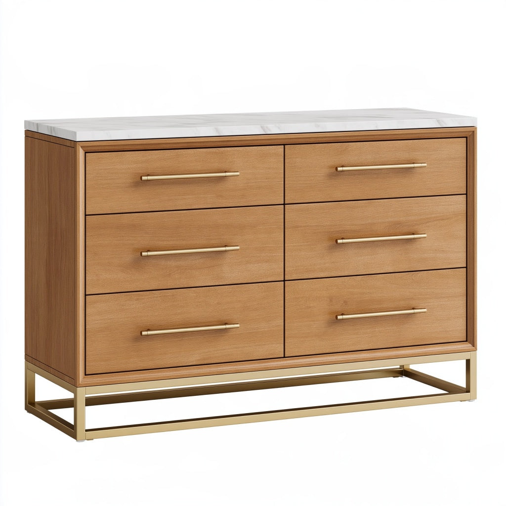 Kommode 120 x 45 x 85 cm Holzoptik Braun mit Marmoroptikplatte Metallgestell und 6 Schubladen