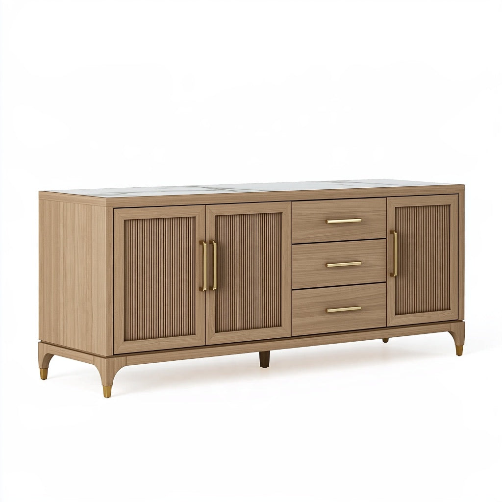 Sideboard 180 x 45 x 85 cm in Holzoptik mit geriffelter Front und Marmoroptik Platte