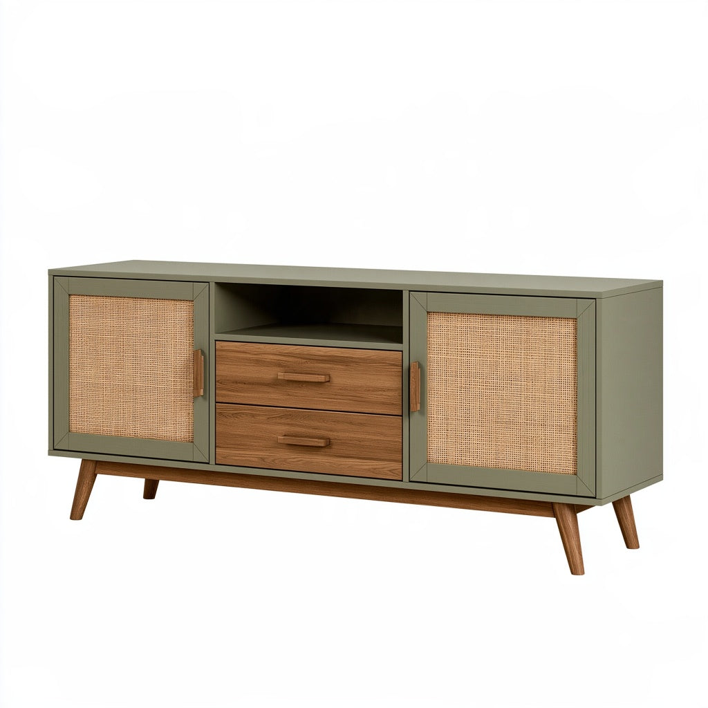 Sideboard 160 x 40 x 75 cm Olivgrün Braun Holz Rattan TV-Möbel Mid-Century-Stil