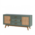 Sideboard 160 x 40 x 75 cm aus Holz in Salbeigrün mit Rattanfronten im Retro-Stil