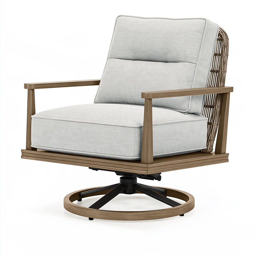 Drehsessel 85 x 90 x 95 cm in Hellgrau mit Holz Rattan und Stoffbezug