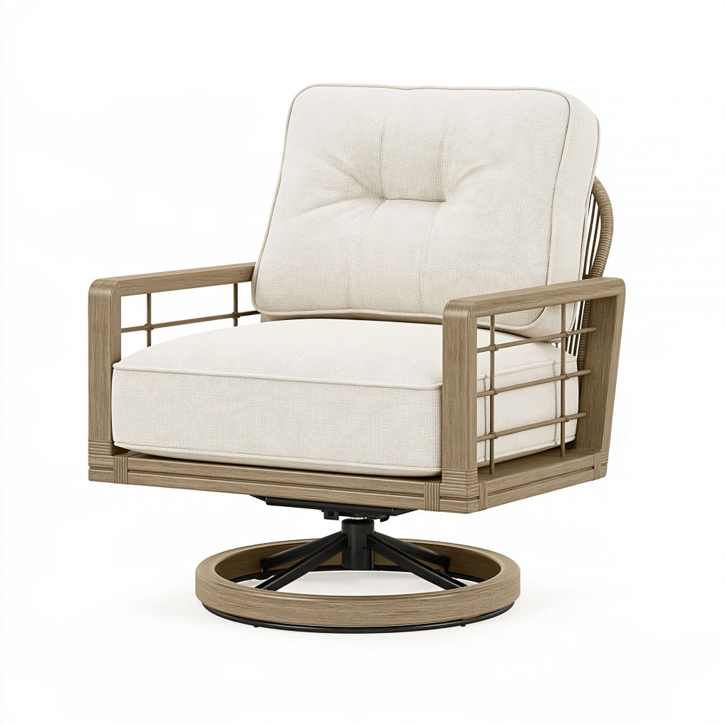 Drehsessel 82 x 85 x 91 cm aus Holz Rattan Metall und Stoff in Beige Naturbraun